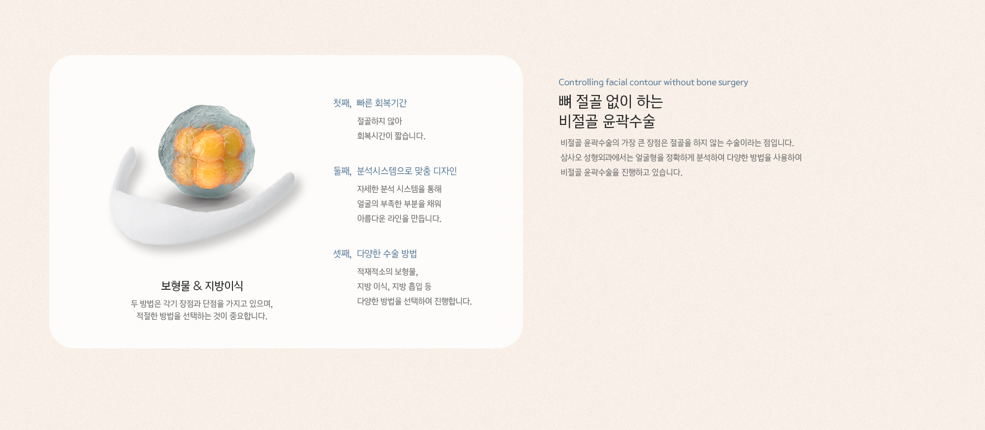 뼈 절골 없이 하는 비절골 윤곽수술. 비절골 윤곽수술의 가장 큰 장점은 절골을 하지 않는 수술이라는 점입니다. 삼사오 성형외과에서는 얼굴형을 정확하게 분석하여 다양한 방법을 사용하여 비절골 윤곽수술을 진행하고 있습니다.